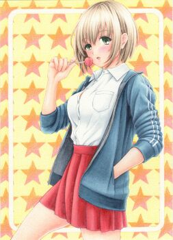 1girl blonde_hair blue_jacket blush border breast_pocket breasts button_gap candy collared_shirt commentary_request cowboy_shot food from_side green_eyes hand_up highres holding holding_candy holding_food holding_lollipop imminent_eating jacket lollipop long_sleeves looking_at_viewer marker_(medium) midori_(mira567) miniskirt open_clothes open_jacket open_mouth original outside_border pleated_skirt pocket red_skirt school_uniform shirt shirt_tucked_in short_hair skirt sleeves_rolled_up solo standing star_(symbol) star_symbol_background track_jacket traditional_media white_border white_shirt wing_collar yellow_background