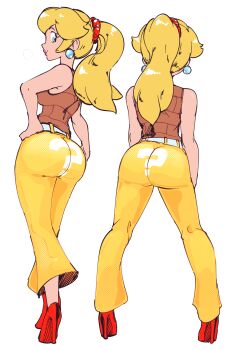 Rule 34 | 1girl, ? block, alternate costume, ass, bare arms, belt, blonde hair, blue eyes, breasts, brick, brown shirt, earrings, high heels, highres, jewelry, large breasts, long hair, mario (series), nintendo, no crown, pants, plow (witch parfait), ponytail, princess peach, print pants, print shirt, red shoes, shirt, shoes, sideboob, sphere earrings, tight clothes, tight pants, white belt, yellow pants