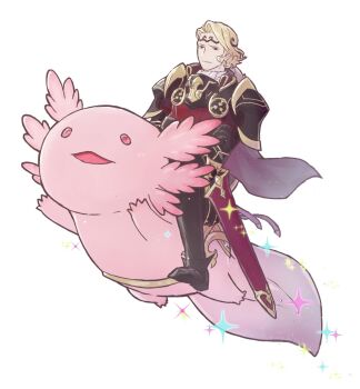 1boy animal aristocratic_clothes armor axolotl black_armor blonde_hair cape circlet fire_emblem fire_emblem_fates highres light_smile male_focus nintendo oversized_animal red_eyes riding shoulder_armor sparkle sword ultrablueanya weapon white_background xander_(fire_emblem)