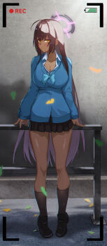 1girl absurdres ahoge arms_at_sides battery_indicator black_hair black_shoes black_skirt black_socks blue_archive blue_bow blue_bowtie blue_cardigan blush bow bowtie breasts cardigan chinese_commentary cleavage closed_mouth collarbone commentary_request dark-skinned_female dark_skin day eyes_visible_through_hair falling_leaves film_grain full_body gradient_hair hair_between_eyes hair_intakes halo highres karin_(blue_archive) karin_(school_uniform)_(blue_archive) kneehighs large_breasts leaf light_frown loafers long_hair looking_at_viewer miniskirt multicolored_hair official_alternate_costume outdoors pleated_skirt purple_hair purple_halo recording school_uniform shangdi_de_fa_zhang shoes sidelighting skirt sleeves_past_wrists socks solo standing straight_hair thighs very_long_hair viewfinder yellow_eyes