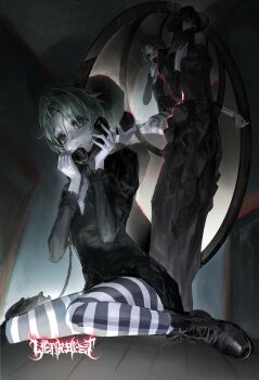 Rule 34 | 2girls, absurdres, antique phone, black dress, black hat, black lips, boots, corded phone, dress, folded fan, folding fan, frills, full body, goth fashion, green eyes, green hair, hand fan, hat, highres, holding, holding fan, holding phone, indoors, long sleeves, mirror, multiple girls, on floor, open mouth, original, pale skin, pantyhose, phone, puffy sleeves, reflection, rotary phone, short hair, sitting, smile, striped clothes, striped pantyhose, talking on phone, wariza, weakbat