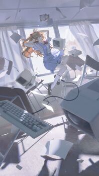 1girl absurdres arms_up black_shoes blue_eyes ceiling commentary computer_keyboard crt curtains floating fqdyy full_body hair_between_eyes highres indoors kneehighs long_hair looking_at_viewer neon_genesis_evangelion orange_hair parted_lips red_ribbon ribbon see-through_curtains shirt shirt_tucked_in shoes short_sleeves skirt socks solo souryuu_asuka_langley suspender_skirt suspenders tile_ceiling tiles white_shirt white_socks window