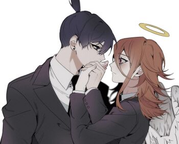 Rule 34 | 2boys, androgynous, angel devil (chainsaw man), angel wings, animal ears, black hair, black jacket, black necktie, blush, brown hair, chainsaw man, collared shirt, commentary request, e96l2, grey eyes, hair between eyes, halo, hayakawa aki, highres, holding hands, jacket, kiss, kissing hand, korean commentary, male focus, medium hair, multiple boys, necktie, ponytail, red eyes, shirt, short ponytail, suit jacket, upper body, white shirt, wide-eyed, wings, yaoi