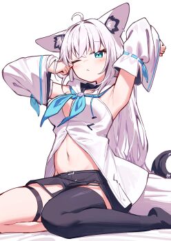 1girl absurdres ahoge animal_ear_fluff animal_ear_piercing animal_ears aqua_eyes arms_up black_shorts black_thighhighs breasts closed_mouth commentary_request deaver fox_ears fox_girl fox_tail highres hololive hood hoodie long_hair looking_at_viewer medium_breasts navel one_eye_closed shirakami_fubuki shirakami_fubuki_(1st_costume) shorts single_thighhigh solo tail thighhighs triangle_mouth very_long_hair virtual_youtuber white_background white_hair white_hoodie white_sleeves