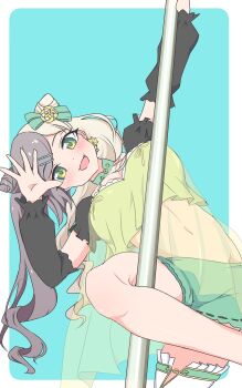 1girl arm_up blonde_hair blush breasts brown_hair cleavage collar crop_top detached_sleeves double_bun green_eyes green_shorts hair_bun hair_ornament hair_ribbon hairclip highres holding holding_pole large_breasts long_hair looking_at_viewer mansya multicolored_hair navel open_mouth pole pole_dancing pole_princess!! puffy_short_sleeves puffy_sleeves ribbon short_sleeves shorts single_thighhigh smile solo stripper stripper_pole thighhighs tousaka_mio two-tone_hair zettai_ryouiki
