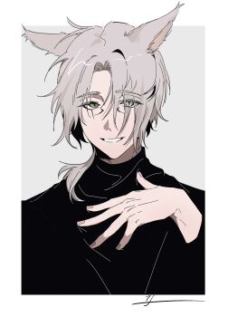 Rule 34 | 1boy, animal ears, black shirt, border, fingernails, green eyes, grey eyes, grey hair, grin, hand on own chest, heterochromia, highres, long sleeves, male focus, medium hair, original, parted bangs, portrait, scar, scar across eye, scar on face, shirt, signature, slit pupils, smile, solo, teeth, white border, yuuiii