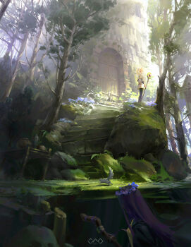 2girls absurdres boulder branch bush castle door elf fern_(sousou_no_frieren) flower forest frieren head_wreath high_detail highres holding holding_staff long_hair mage_staff moss multiple_girls nature pointy_ears purple_hair ruins scenery sousou_no_frieren squirrel staff stairs stone_stairs tree user_pzsm2833 white_hair wooden_door