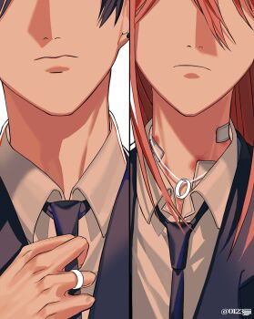 0123jjji 2boys angel_devil_(chainsaw_man) black_hair black_necktie bruise chainsaw_man closed_mouth collared_shirt commentary_request earrings gauze_on_neck hayakawa_aki highres husband_and_husband injury jacket jewelry long_hair male_focus multiple_boys necklace necktie ring ring_necklace shirt short_hair simple_background suit_jacket twitter_username wedding_ring white_background white_shirt yaoi