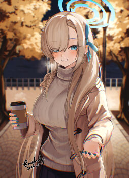 Rule 34 | 1girl, absurdres, alternate costume, asuna (blue archive), black skirt, blue archive, blue eyes, blue halo, blue nails, blue ribbon, blush, breasts, breath, coffee, cup, disposable coffee cup, disposable cup, encheru (th-sto), eyes visible through hair, grin, hair over one eye, hair ribbon, halo, highres, holding, holding cup, jacket, large breasts, long hair, looking at another, looking at viewer, outdoors, ribbon, skirt, smile, solo, sweater, turtleneck, turtleneck sweater, white sweater, yellow jacket