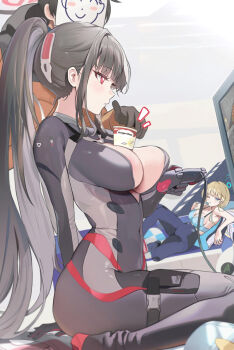 1boy 2girls black_hair blonde_hair blue_archive blue_bra blue_eyes blue_halo bodysuit bra breasts commentary_request controller covered_navel doodle_sensei_(blue_archive) game_controller haagen-dazs halo high_ponytail holding holding_controller holding_game_controller houraku large_breasts long_hair multiple_girls official_alternate_costume one_eye_closed playing_games playing_video_games ponytail red_eyes red_halo rio_(armed)_(blue_archive) rio_(blue_archive) sensei_(blue_archive) sitting toki_(armed)_(blue_archive) toki_(blue_archive) underwear wariza