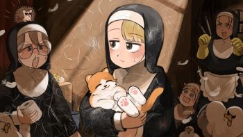 4girls :d :o @_@ allergy apron baby_animal bird black_hair blonde_hair blue_eyes brown_hair cat chicken clumsy_nun_(diva) commentary diva_(hyxpk) duck duckling english_commentary feathers freckles freckles_nun_(diva) glasses glasses_nun_(diva) gloves hedgehog highres little_nuns_(diva) multiple_girls nun open_mouth round_eyewear rubber_gloves runny_nose shedding shedding_fur smile snot spicy_nun_(diva) toilet_paper traditional_nun waist_apron yellow_eyes yellow_gloves