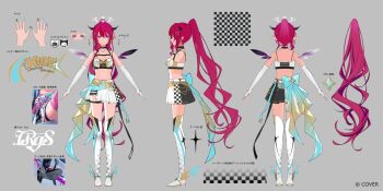 1girl aqua_bow asymmetrical_wings back_bow bandeau belt black_choker black_horns black_skirt blue_eyes boots bow breast_strap breasts checkered_clothes checkered_skirt choker clothes_writing commentary commentary_request copyright_notice crystal_wings detached_wings double_halo earrings elbow_gloves english_commentary gloves grey_background halo heterochromia high_ponytail hololive hololive_english horns irys_(hololive) irys_(race_queenrys)_(hololive) jewelry long_hair medium_breasts miniskirt mixed-language_commentary multicolored_skirt multiple_views navel necklace official_alternate_costume official_alternate_hairstyle official_art pink_eyes pisuke_wan pleated_skirt pointing_out_the_details pointy_ears ponytail purple_hair reference_sheet second-party_source shorts shorts_under_skirt side_slit sidelocks simple_background skirt star-shaped_pupils star_(symbol) star_halo stomach symbol-shaped_pupils thigh_boots thigh_strap turnaround very_long_hair virtual_youtuber waist_bow white_bandeau white_belt white_boots white_gloves white_skirt wings