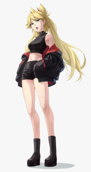 1girl bare_shoulders black_jacket blonde_hair boots breasts burn_the_witch collarbone female_focus full_body green_eyes hair_ornament hands_in_pockets highres jacket knee_boots long_hair mitarashi_(5333069) navel ninny_spangcole open_mouth simple_background small_breasts solo solo_focus standing white_background