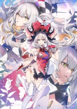 3girls bare_shoulders black_dress blue_eyes blush boots breasts commentary_request detached_collar dress fate/grand_order fate_(series) gloves gradient_hair grey_hair grin hair_ornament hat highres jacket large_breasts large_hat long_hair long_sleeves looking_at_viewer marie_antoinette_(fate) marie_antoinette_(rider)_(fate) marie_antoinette_alter_(fate) marie_antoinette_alter_(first_ascension)_(fate) marie_antoinette_alter_(third_ascension)_(fate) medium_breasts multicolored_hair multiple_girls multiple_persona no-kan off_shoulder open_clothes open_jacket outstretched_arm red_dress red_gloves red_hat short_dress side_ponytail sidelocks sleeveless sleeveless_dress smile thigh_boots twintails two_side_up very_long_hair watermark white_boots white_dress white_hair white_hat white_jacket yellow_eyes