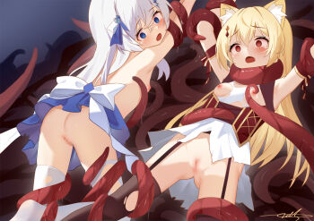 1girl animal_ears ass black_thighhighs blonde_hair blue_eyes blue_skirt breasts censored dress flat_chest garter_belt garter_straps loli mosaic_censoring nipples open_mouth original pussy red_eyes restrained skirt small_breasts strangling tentacles thighhighs torn_clothes white_hair white_thighhighs zds