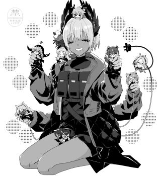 6+girls absinthe_(arknights) arknights bird_girl boots cable cable_tail closed_eyes creator_connection dark-skinned_female dark_skin electric_plug electric_plug_tail extra_arms feather_hair feathers flint_(arknights) flower greyscale hair_flower hair_ornament head_wings heavyrain_(arknights) highres holding holding_mini_person irene_(arknights) iwashi_80 mechanical_tail mini_person minigirl monochrome multiple_girls pallas_(arknights) raidian_(arknights) robin_(arknights) short_hair sitting smile tail tuye_(arknights) wariza wings