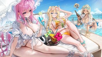 3girls absurdres bandaid bandaid_on_face bandaid_on_nose bikini blonde_hair blue_bikini blue_eyes blue_sky blush bottle bracelet braid breasts centi_(nikke) choker cleavage closed_mouth cloud cloudy_sky cup day dorothy_(nikke) dorothy_(serendipity)_(nikke) drink earrings eyewear_on_head flower food frilled_bikini frilled_choker frills fruit goddess_of_victory:_nikke grin hibiscus highres holding holding_bottle holding_cup holding_umbrella hoop_earrings huge_breasts jewelry korean_commentary lime_(fruit) lime_slice long_hair mell_(dmwe3537) mountainous_horizon multiple_girls neck_ribbon necklace orange-tinted_eyewear outdoors parasol pineapple pineapple_slice pink_eyes pink_flower pink_hair pool ribbon sandals shirt sky smile sunglasses swimsuit thighs tinted_eyewear tove_(nikke) tove_(sunblaze)_(nikke) tray umbrella white-framed_eyewear white_bikini white_choker white_ribbon white_sandals white_shirt white_wings wings yellow_bikini