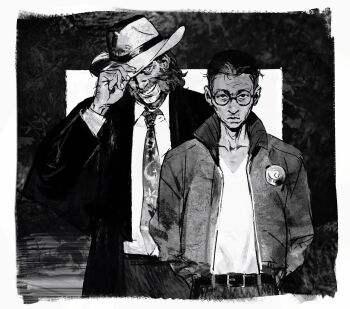 2boys arms_behind_back belt border collared_shirt commentary cowboy_hat creamyghost disco_elysium english_commentary facial_hair glasses greyscale hand_on_headwear harry_du_bois hat highres jacket kim_kitsuragi looking_at_viewer male_focus mature_male monochrome mullet multiple_boys mustache_stubble mutton_chops necktie one_eye_covered open_clothes open_jacket pants round_eyewear shirt short_hair smile stubble white_border
