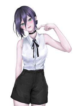 1girl black_hair black_ribbon black_shorts chainsaw_man closed_mouth collared_shirt green_eyes hair_between_eyes hair_bun highres ima_63971 looking_at_viewer neck_ribbon reze_(chainsaw_man) ribbon shirt shirt_tucked_in shorts simple_background sleeveless sleeveless_shirt solo white_background white_shirt