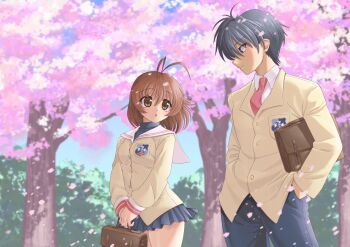 Rule 34 | 1boy, 1girl, absurdres, antenna hair, bag, black hair, black pants, black skirt, brown eyes, brown hair, bush, cherry blossoms, clannad, closed mouth, collared shirt, couple, day, fillyskywishes, furukawa nagisa, grey eyes, hands in pockets, highres, long sleeves, looking at another, necktie, okazaki tomoya, open mouth, outdoors, pants, pleated skirt, red necktie, sailor collar, school bag, school uniform, shirt, short hair, skirt, smile, white sailor collar, white shirt