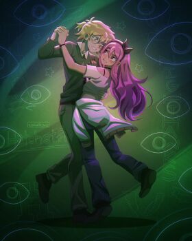 1boy 1girl alternate_costume alternate_hairstyle alternate_universe artist_name aubrey_(faraway)_(omori) aubrey_(omori) basil_(faraway)_(omori) basil_(omori) bespectacled black_choker black_eyes black_hairband black_shoes blonde_hair blue_eyes blue_pants blush bra_strap choker clothes_around_waist collared_shirt commentary crop_top dancing denim double-parted_bangs english_commentary glasses green_sweater grey_pants hair_between_eyes hairband hand_on_another's_chest highres interlocked_fingers jacket jacket_around_waist jeans long_hair long_sleeves looking_at_another omori open_mouth pants pink_hair ponytail round_eyewear shirt shoes short_hair short_ponytail sidelocks smile sweater unworn_jacket white_jacket white_shirt zoewillowz