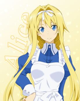 1girl alice_zuberg alternate_costume apron asagi501 blonde_hair blue_dress blue_eyes braid braided_ponytail breasts character_name closed_mouth collared_dress commentary_request dress drop_shadow enmaided gradient_background hair_between_eyes hair_ribbon high_collar highres long_hair long_sidelocks looking_at_viewer maid medium_breasts merchandise_available ribbon sidelocks smile solo split_mouth straight-on sword_art_online sword_art_online:_alicization variant_set white_apron white_background white_ribbon white_wrist_cuffs wrist_cuffs yellow_background