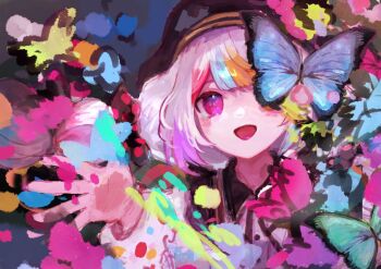 1girl :d aokura_(sstyokom) beret blue_butterfly bow bug butterfly butterfly_over_eye commentary_request hand_up hat insect jogasaki_noah long_hair long_sleeves looking_at_viewer mahou_shoujo_no_majo_saiban multi-tied_hair multicolored_hair neck_ribbon one_eye_covered open_mouth pink_eyes polka_dot polka_dot_bow ribbon smile solo streaked_hair upper_body white_hair