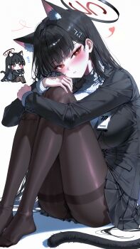 1girl absurdres animal_ear_fluff animal_ears artist_request black_hair blue_archive blush breasts cat_ears cat_tail chibi chibi_inset highres keaino kemonomimi_mode large_breasts long_hair looking_at_viewer non-web_source pantyhose rio_(blue_archive) tagme tail very_long_hair