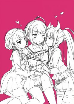 3girls age_difference ahoge bound bound_arms closed_eyes closed_mouth danganronpa_(series) danganronpa_another_episode:_ultra_despair_girls fake_horns groping heart highres horned_headwear horns loli long_sleeves looking_at_viewer molestation multiple_girls naegi_komaru one_eye_closed onee-loli open_mouth pink_background pleated_skirt simple_background sketch skirt smile towa_monaca utsugi_kotoko yuri