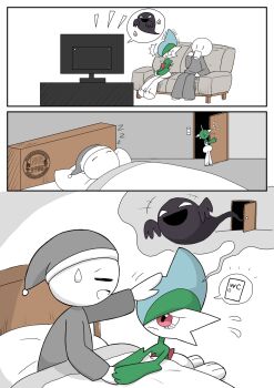 0_0 1boy 1other =_= ^^^ arm_up bed blue_hair closed_eyes closed_mouth colored_skin couch cup door drink drinking facing_another flying_sweatdrops gallade gen_4_pokemon ghost green_hair green_skin grey_hat grey_pants grey_shirt hair_over_one_eye hand_up hat have_to_pee headpat highres holding holding_cup holding_drink indoors kneeling legs_together long_sleeves looking_at_another mohawk monya mug multicolored_hair multicolored_skin multiple_views nightcap nintendo no_mouth notice_lines on_couch one_eye_covered open_mouth own_hands_together pants parted_lips pillow pokemon pokemon_(creature) pokemon_tower_ghost pom_pom_(clothes) raised_eyebrows scared shirt short_hair sitting sleeping smile speech_bubble spoken_character standing tears television trembling two-tone_hair two-tone_skin under_covers watching_television watermark wavy_eyes wavy_mouth white_skin zzz |_|