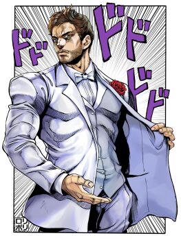 1boy absurdres araki_hirohiko_(style) beard_stubble beckoning bow bowtie brown_hair cdawgva corsage dress_shirt facial_hair flower formal_clothes green_eyes highres jamrolypoly looking_at_viewer male_focus real_life red_flower red_rose rose shirt short_hair solo sound_effects stubble suit vest white_bow white_shirt white_suit white_vest