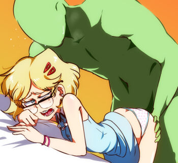 1boy 1girl age_difference aged_down animification ass ass_grab bangle bare_arms bare_shoulders blonde_hair blue_dress blush bracelet braces breath butt_crack clothed_female_nude_male clothes_lift collar colored_skin dress dress_lift earrings faceless faceless_male freckles glasses gradient_background green_skin hair_ornament hairclip hetero highres jcm2 jewelry leaning_forward loli looking_back looking_over_eyewear lori_loud nude over-rim_eyewear panties polka_dot polka_dot_panties semi-rimless_eyewear simple_background sleeveless sleeveless_dress sweat tearing_up the_loud_house underwear white_collar