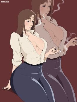 Rule 34 | 1girl, breasts, brown hair, cigarette, denim, hassdr4w, highres, holding, holding cigarette, ieiri shoko, jeans, jujutsu kaisen, large breasts, long hair, mature female, open clothes, open shirt, pants, smoking, solo