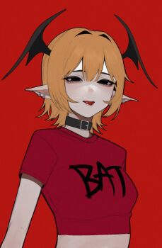 Rule 34 | 1girl, anemoneeanemone, bare arms, bat wings, black collar, black eyes, blonde hair, borrowed clothes, breasts, clothes writing, collar, cropped shirt, double-parted bangs, ear piercing, hair between eyes, hair intakes, head wings, highres, medium breasts, no pupils, original, piercing, pointy ears, red background, red shirt, scarlett (justadrian), shirt, short hair, short sleeves, simple background, solo, tongue, tongue out, upper body, wings