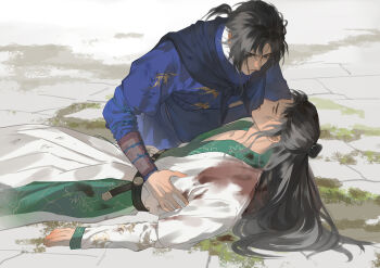 2boys absurdres belt black_hair blood blood_on_clothes blue_hanfu blue_robe bracer chen_zixi chinese_clothes chinese_commentary commentary_request hair_tie hanfu highres implied_death implied_yaoi jiang_yan long_hair looking_at_another male_focus multiple_boys robe where_winds_meet white_hanfu yinglingshang