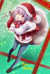 Rule 34 | 1girl, blush, breasts, christmas, collared shirt, commentary request, full body, gridman universe, hat, holding, holding sack, jacket, large breasts, leaning forward, loafers, looking at viewer, off shoulder, open mouth, orange eyes, pantyhose, pom pom (clothes), purple hair, red jacket, sack, santa costume, santa hat, shinjou akane, shirt, shoes, short hair, skirt, smile, solo, ssss.gridman, ueda metawo