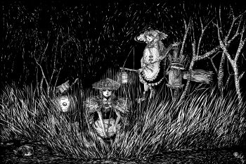 Rule 34 | 3girls, ajirogasa, apron, boots, braid, broom, collared shirt, commentary request, dress, elbow gloves, fins, fishing, fishing rod, gloves, grass, greyscale, hat, head fins, highres, holding, holding broom, holding fishing rod, izayoi sakuya, kirisame marisa, lantern, mermaid, monochrome, monster girl, multiple girls, open mouth, outdoors, paper lantern, partially submerged, shirt, short sleeves, stream, super-flat-world, touhou, twin braids, waist apron, wakasagihime, witch hat