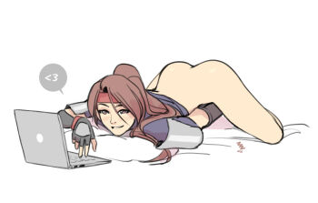 1girl armor ass at_computer bandana between_legs blush bottomless clothed_masturbation commentary computer elbow_gloves english_commentary female_masturbation final_fantasy final_fantasy_vii final_fantasy_vii_remake fingerless_gloves gloves hand_between_legs headband heart jessie_rasberry laptop long_hair lying masturbation no_panties on_stomach red_bandana red_headband shirt shoulder_armor solo speech_bubble spoken_heart square_enix t-shirt vashperado