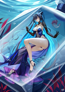 Rule 34 | 1girl, absurdly long hair, absurdres, aqua hair, black hair, black panties, black shrug, blue dress, breasts, commentary, commentary request, d. joko, doro (nikke), dress, english commentary, goddess of victory: nikke, hair intakes, high heels, highres, large breasts, little mermaid (abyss flower) (nikke), little mermaid (nikke), long hair, mixed-language commentary, multicolored hair, official alternate costume, panties, shrug (clothing), solo, thighs, two-tone hair, underwater, underwear, very long hair