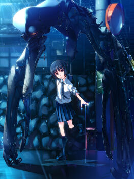 1girl 1other black_eyes black_hair commentary_request full_body fuzuki_fuuro highres looking_at_viewer necktie night original rain robot school_uniform science_fiction short_hair skirt smile standing standing_on_one_leg