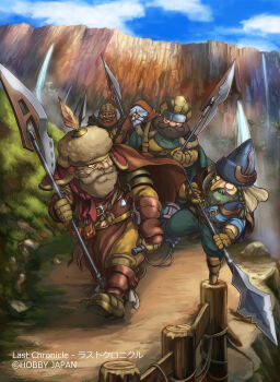 5boys absurdres beard blue_hat blue_sky braid brown_cape brown_facial_hair cape cloud copyright_name copyright_notice dwarf facial_hair fence full_beard full_body hat highres holding holding_polearm holding_weapon last_chronicle mountain multiple_boys mustache nira_(niratoro) outdoors pointy_nose polearm sky spear walking weapon wooden_fence