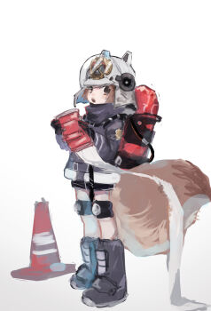Rule 34 | 1girl, absurdres, animal ear headwear, arknights, black boots, black gloves, black jacket, boots, brown eyes, brown hair, canister, commentary request, fake animal ears, firefighter, firefighter helmet, firefighter jacket, full body, gloves, hard hat, helmet, highres, holding, holding hose, hose, jacket, kajitsu ohima, knee boots, knee pads, long sleeves, looking at viewer, open mouth, shaw (arknights), short hair, simple background, solo, squirrel girl, squirrel tail, standing, tail, traffic cone, white background