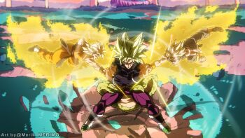 3boys absurdres artist_name aura battle black_bodysuit black_shirt blonde_hair bodysuit broly_(dragon_ball_super) clenched_hands dougi dragon_ball dragon_ball_super full_body green_hair grey_pants highres legendary_super_saiyan long_hair male_focus medium_hair merik_(merimo) midair multiple_boys muscular muscular_male orange_pants orange_shirt pants punching purple_pants shirt short_hair skin_tight son_goten spiked_hair super_saiyan super_saiyan_1 surprised trunks_(dragon_ball)