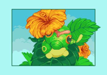 border came2slide caterpie caterpillar commentary flower gen_1_pokemon green_eyes leaf looking_at_viewer nintendo no_humans orange_flower pixel_art pokemon pokemon_(creature) pokemon_tcg reference_work solo