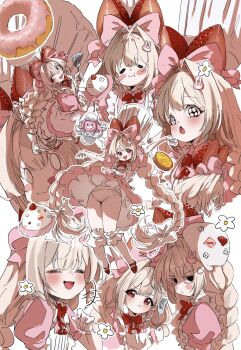 1girl blonde_hair braid chef_hat cherry crust_(nikke) donut dress food food-themed_hair_ornament food_costume fruit goddess_of_victory:_nikke hair_ornament hair_ribbon hat highres hii_(motorholic) long_hair multiple_expressions open_mouth panties pantyshot pink_dress rabbit_hair_ornament red_eyes ribbon serving_dome spatula strawberry strawberry_hair_ornament twin_braids underwear white_panties