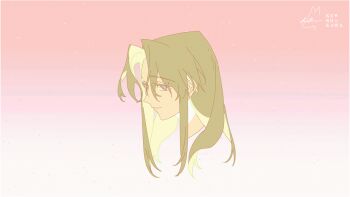 1girl animated animated_gif artist_name blinking brown_hair choker closed_mouth eyelashes flower gradient_background lang_ji looking_afar original parted_bangs plant portrait purple_eyes smile solo vines watermark white_choker white_flower