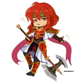 1girl ahoge armor artist_name axe breastplate chibi chibi_only fingerless_gloves fire_emblem fire_emblem:_mystery_of_the_emblem full_body gloves green_hairband hair_between_eyes hairband hauteclere highres holding holding_axe looking_at_viewer minerva_(fire_emblem) nintendo pauldrons red_armor red_eyes red_gloves red_hair shoulder_armor simple_background solo sparkle white_background yancadoodles