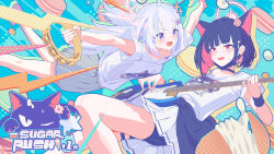 Rule 34 | 2girls, absurdres, anger vein, animal ears, bass guitar, black collar, black hair, black jacket, black shorts, blue archive, blue eyes, blush, cat ears, clothes around waist, collar, commentary request, earclip, earrings, extra ears, food-themed background, grey skirt, halo, highres, holding, holding instrument, instrument, jacket, jacket around waist, jewelry, kazusa (band) (blue archive), kazusa (blue archive), long hair, looking at viewer, multicolored hair, multiple girls, music, official alternate costume, open mouth, outstretched arms, pink hair, pink halo, playing instrument, pleated skirt, red eyes, reisa (blue archive), short hair, shorts, skirt, smile, star halo, streaked hair, stud earrings, susukawa (susucawa), sweatdrop, thighs, white skirt, wristband