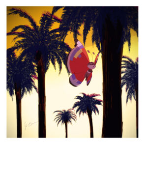 :o animal_focus antennae black_eyes border bug butterfly commentary full_body gen_6_pokemon insect isutai looking_at_viewer nintendo no_humans open_mouth outdoors palm_tree pokemon pokemon_(creature) pokemon_focus simple_background sky solo symbol-only_commentary tree vivillon vivillon_(modern) white_border yellow_sky