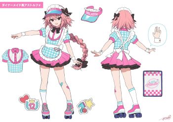 1boy alternate_costume astolfo_(fate) back bandaid bandaid_on_leg black_bow black_bowtie blush bow bowtie braid commentary_request crossdressing crossdressing_(mtf) dress fang fate/apocrypha fate_(series) frilled_dress frills full_body hair_bow hair_intakes highres hippogriff_(fate) kan'yu_(citron_82) long_hair maid_headdress male_focus menu_board multicolored_hair multiple_views open_mouth pink_hair plaid_clothes plaid_dress purple_eyes reference_sheet roller_skates shoes single_braid skates skin_fang smile sneakers streaked_hair trap two-tone_hair very_long_hair visor_cap white_background white_hair white_wrist_cuffs wrist_cuffs